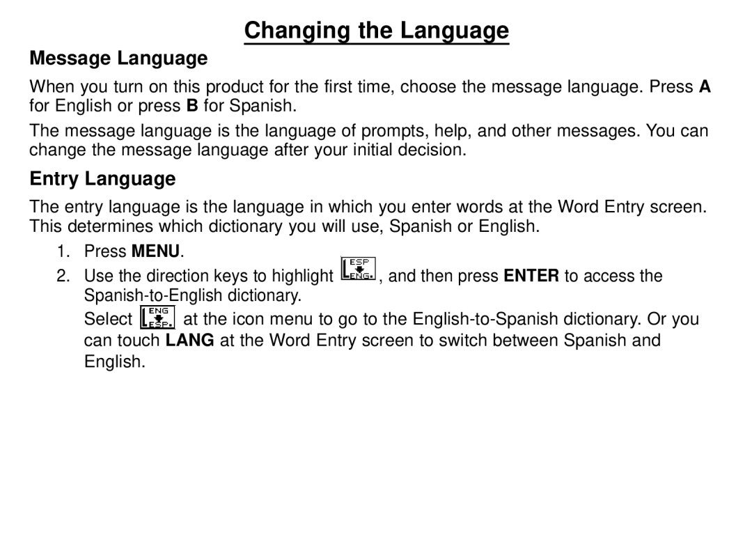 Franklin DBE-1450 manual Changing the Language, Message Language, Entry Language 