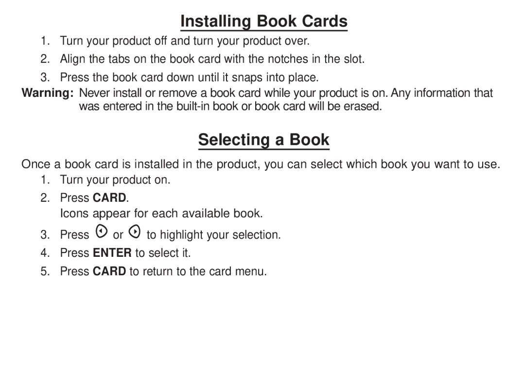 Franklin DBE-1450 manual Installing Book Cards, Selecting a Book 