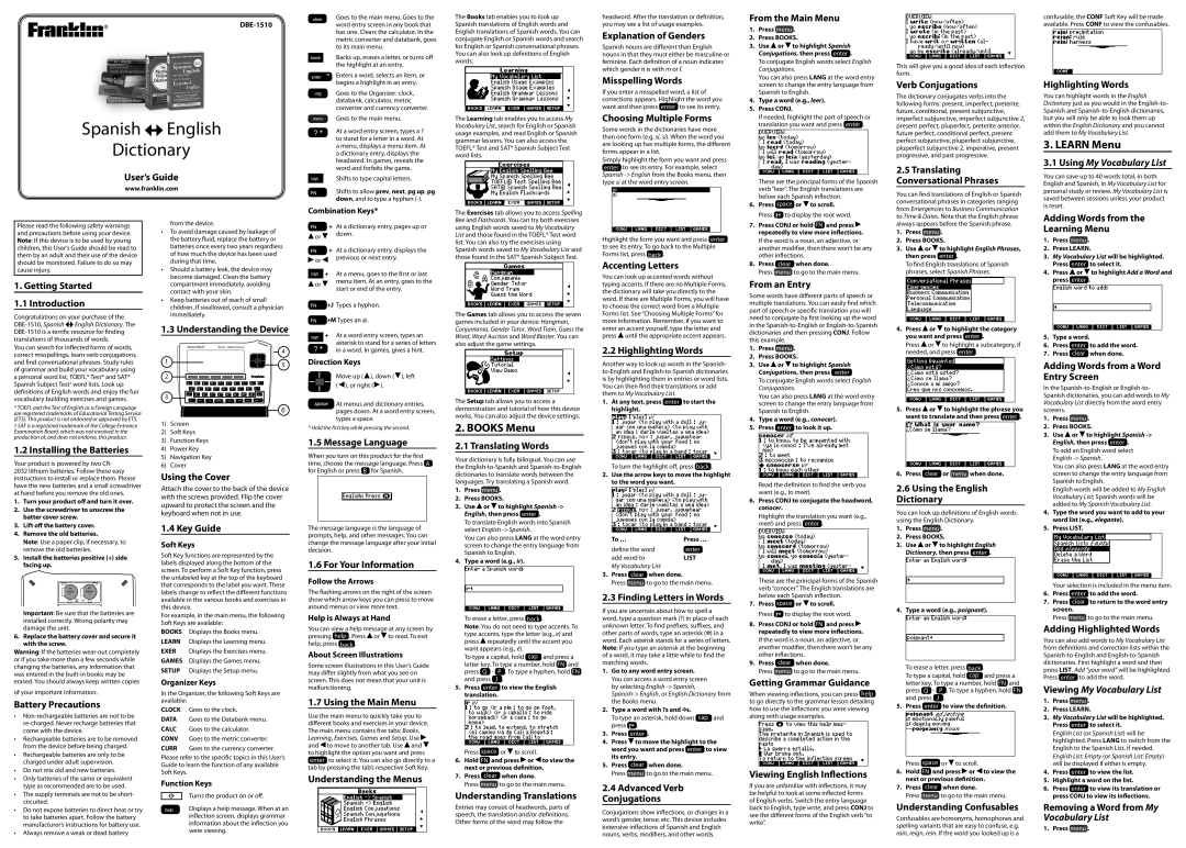 Franklin Spanish English Dictionary manual User’s Guide, Getting Started, Explanation of Genders, Misspelling Words 