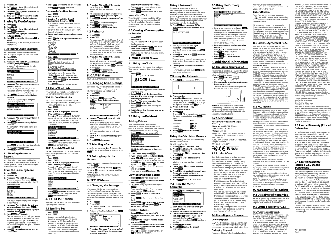 Franklin DBE-1510 manual Finding Usage Examples, Reading Grammar Lessons, From the Learning Menu, From an Inflection Screen 