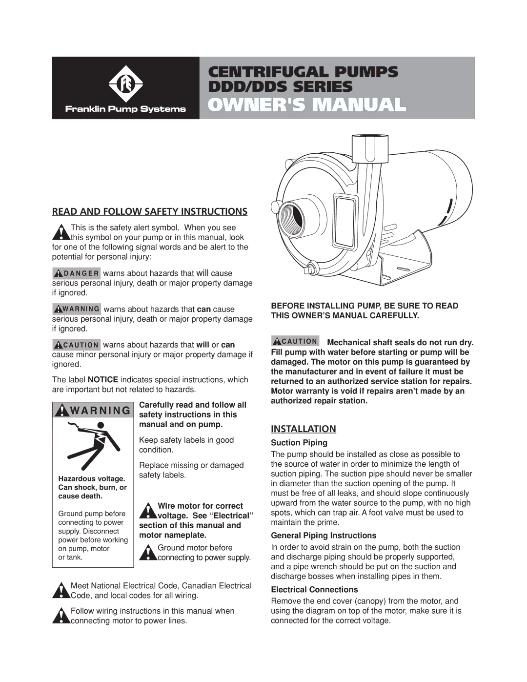 Franklin DDD Series, DDS Series owner manual Read and Follow Safety Instructions, Installation 