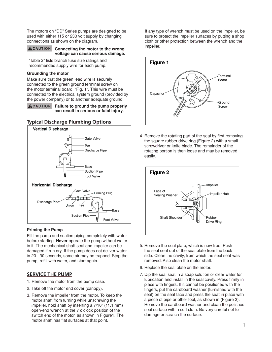 Franklin DDS Series, DDD Series owner manual Service the Pump, Grounding the motor, Priming the Pump 