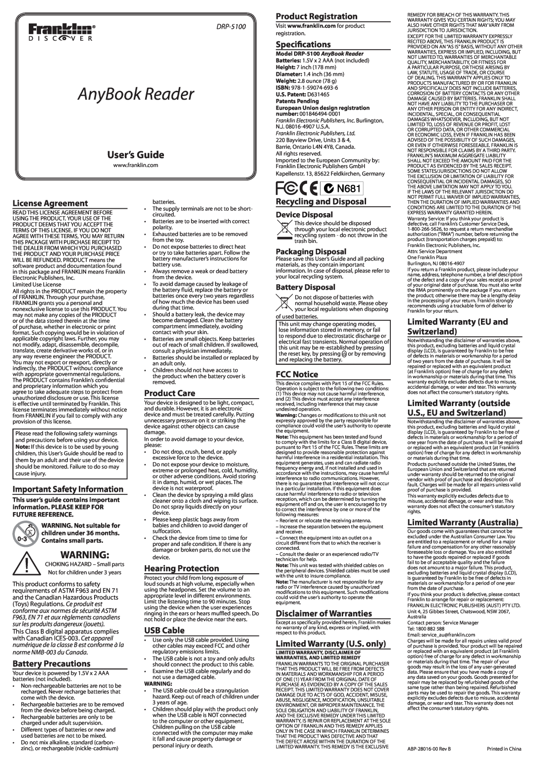 Franklin AnyBook Reader, DRP-5100 warranty User’s Guide 