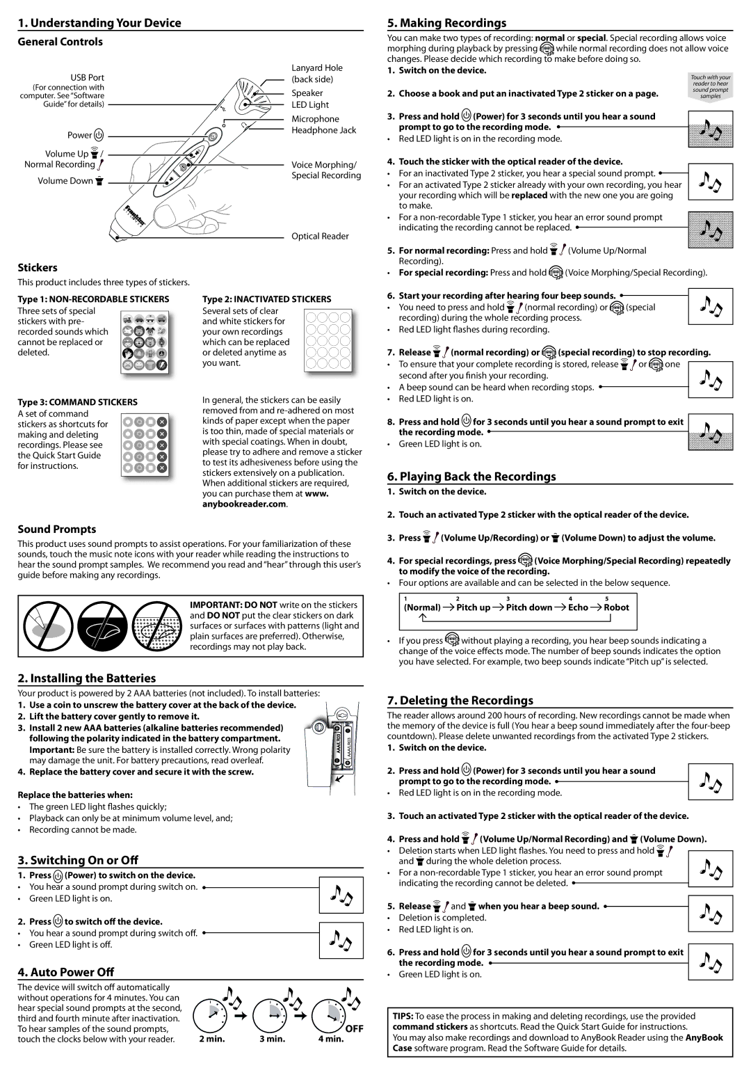 Franklin DRP-5100 Understanding Your Device, Making Recordings, Playing Back the Recordings, Installing the Batteries 