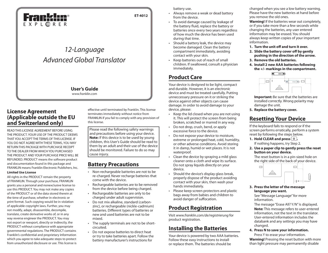 Franklin 12-Language Advanced Global Translator, ET-4012 manual Product Care, Battery Precautions, Resetting Your Device 