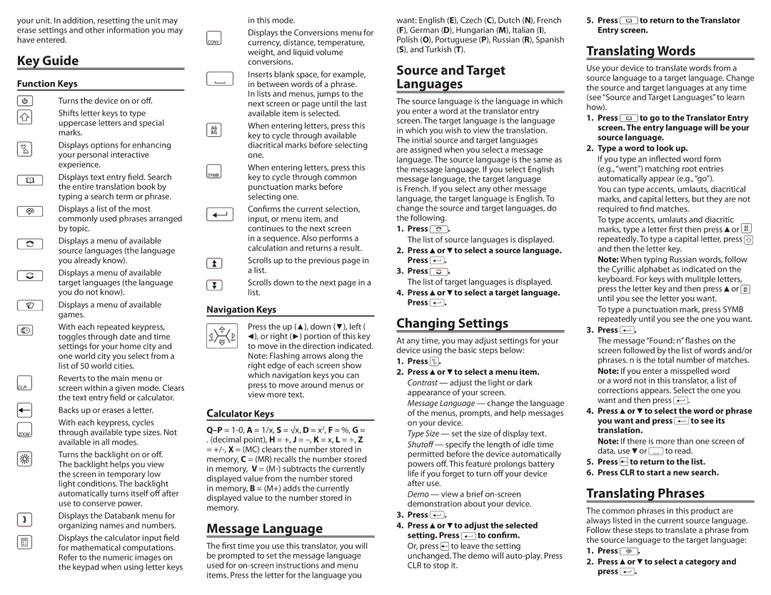 Franklin ET-4012 manual Key Guide, Message Language, Source and Target Languages, Changing Settings, Translating Words 