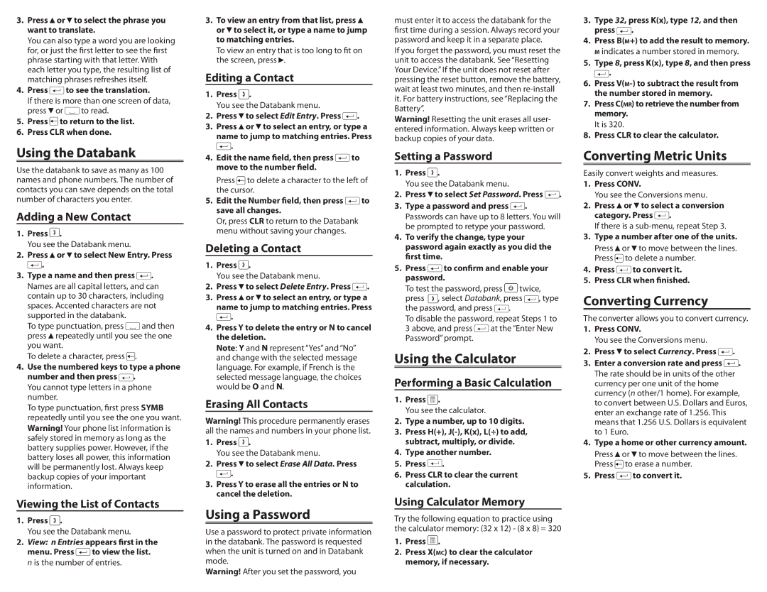 Franklin 12-Language Advanced Global Translator, ET-4012 manual Using the Databank, Using a Password, Using the Calculator 