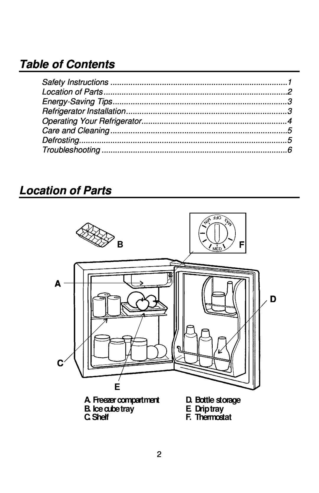 Franklin FC250 Table of Contents, Location of Parts, Bf A D C E, A. Freezercompartment, B. Ice cube tray, E. Drip tray 
