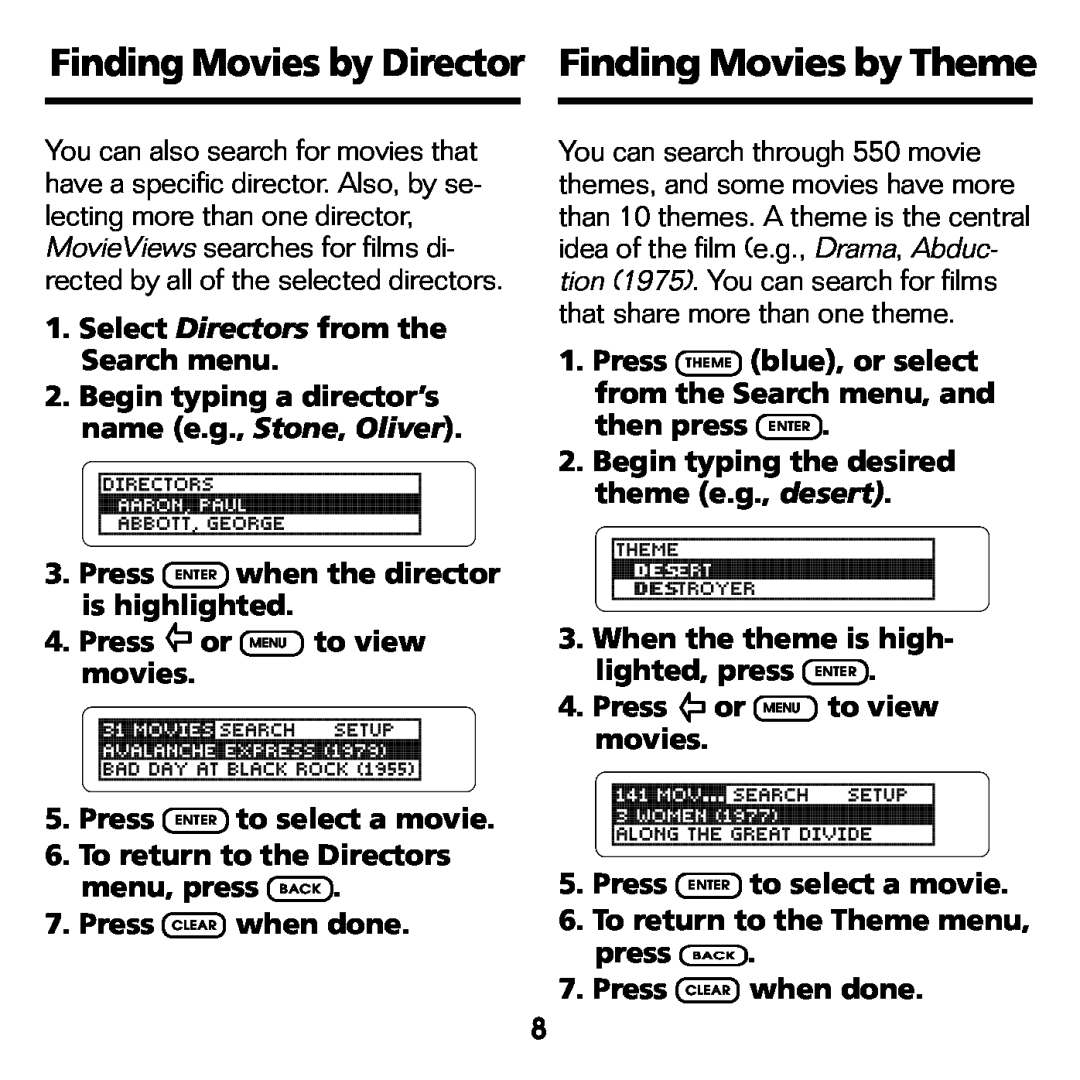 Franklin FLX-2074 manual Finding Movies by Director Finding Movies by Theme 