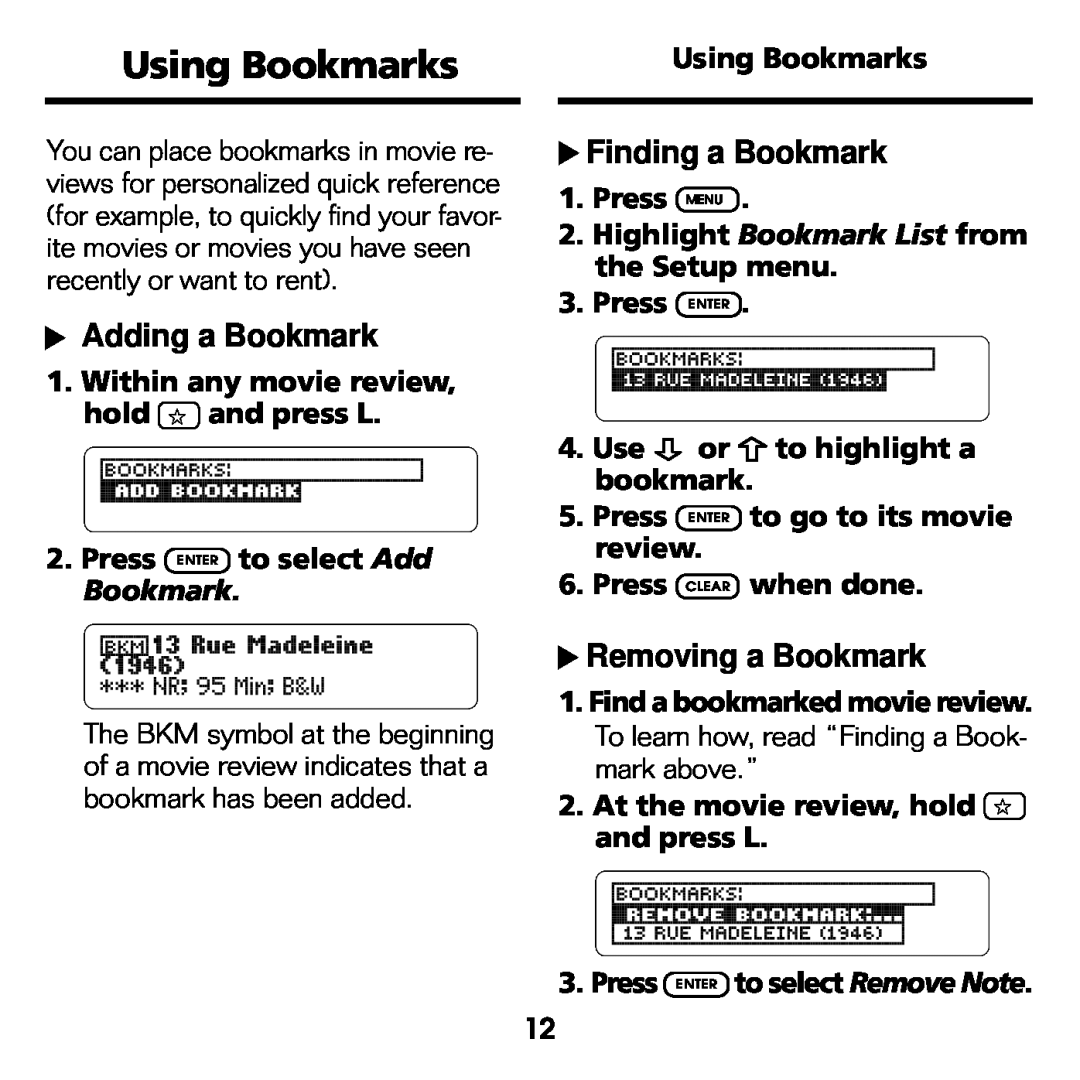 Franklin FLX-2074 manual Using Bookmarks, Adding a Bookmark, Finding a Bookmark, Removing a Bookmark 