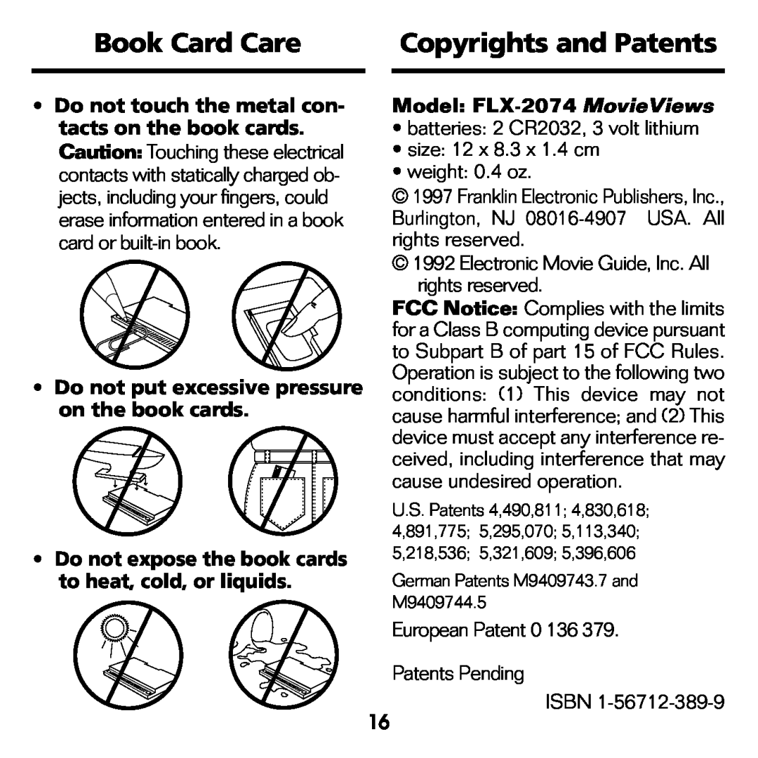 Franklin FLX-2074 manual Book Card Care, Copyrights and Patents, Do not put excessive pressure on the book cards 