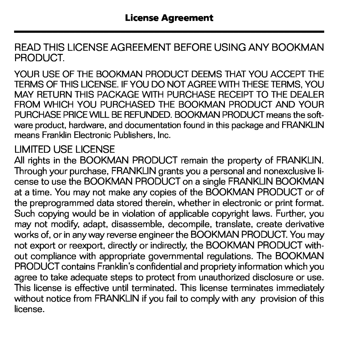 Franklin FLX-2074 manual Read This License Agreement Before Using Any Bookman Product, Limited Use License 