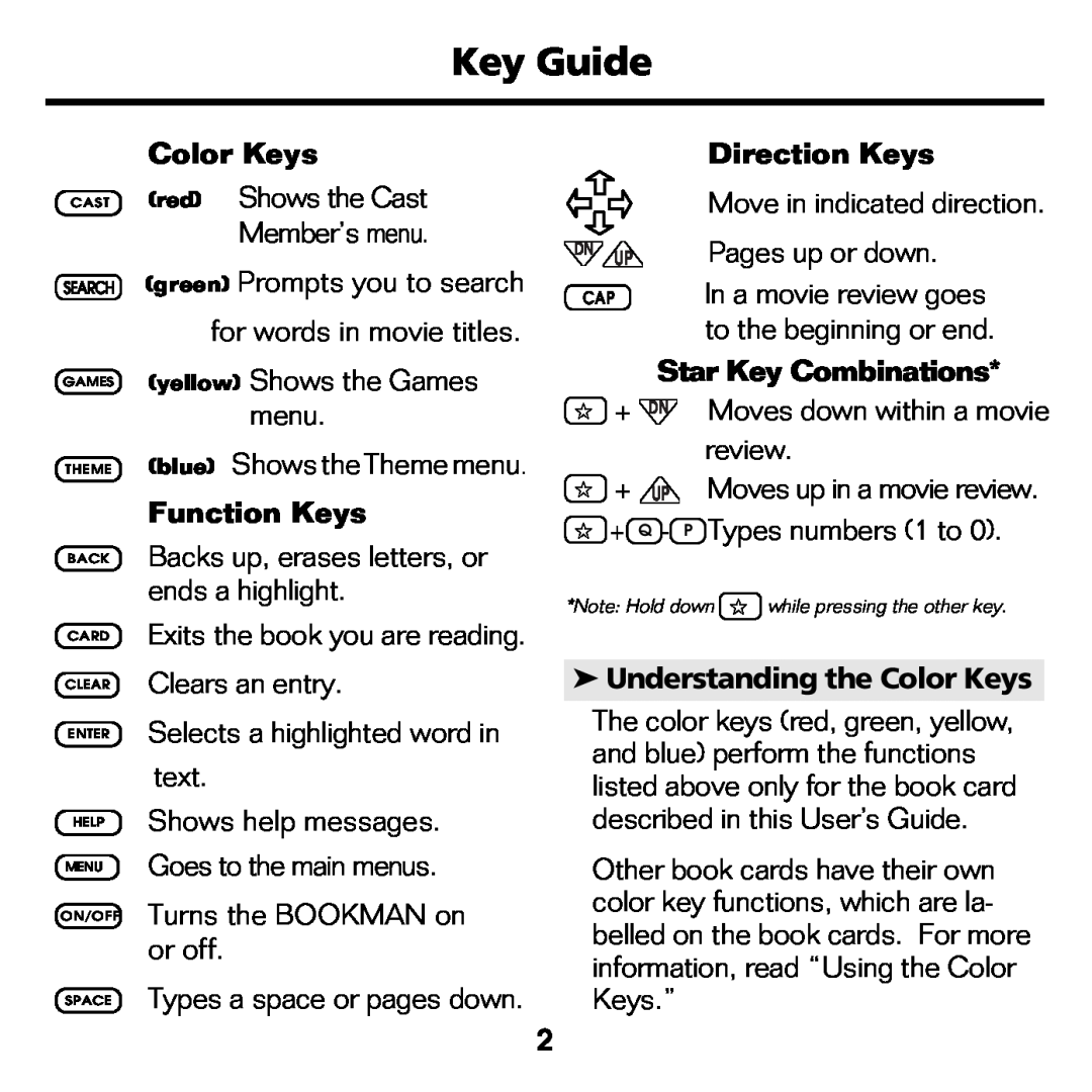 Franklin FLX-2074 manual Key Guide, Color Keys, Function Keys, Direction Keys, Star Key Combinations 