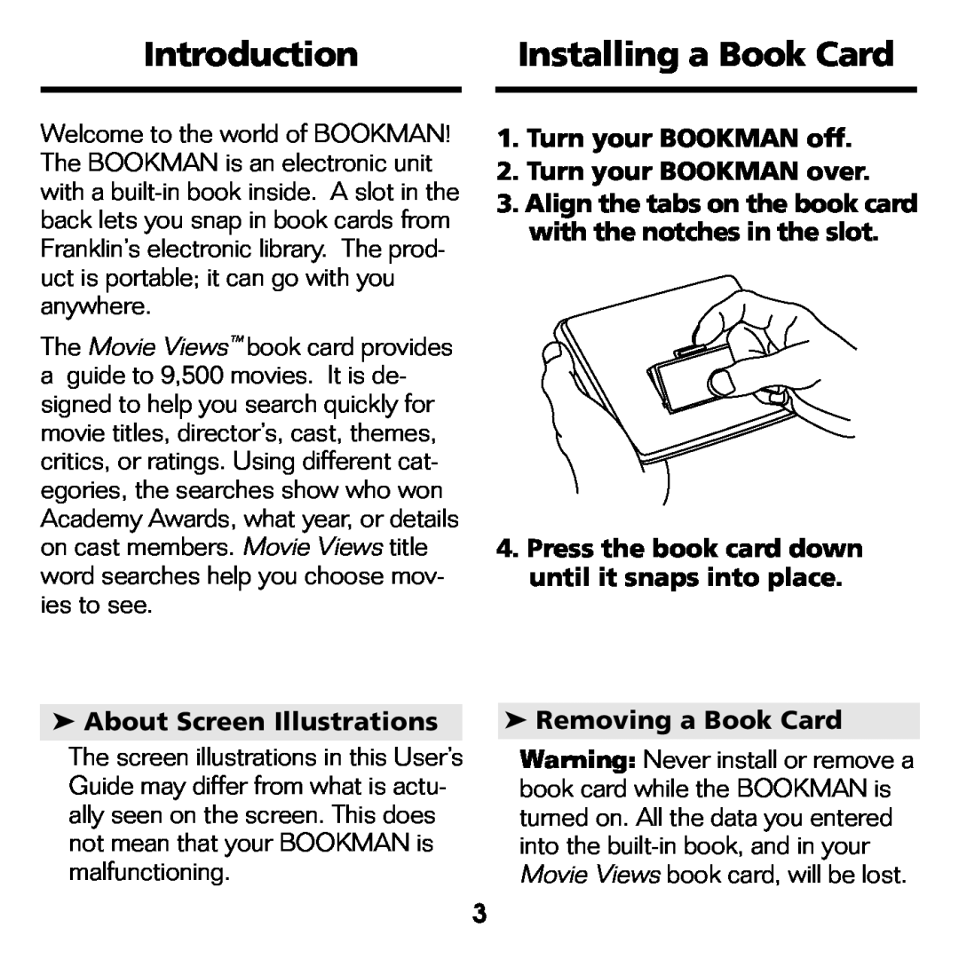 Franklin FLX-2074 manual Introduction, Installing a Book Card, About Screen Illustrations, Removing a Book Card 