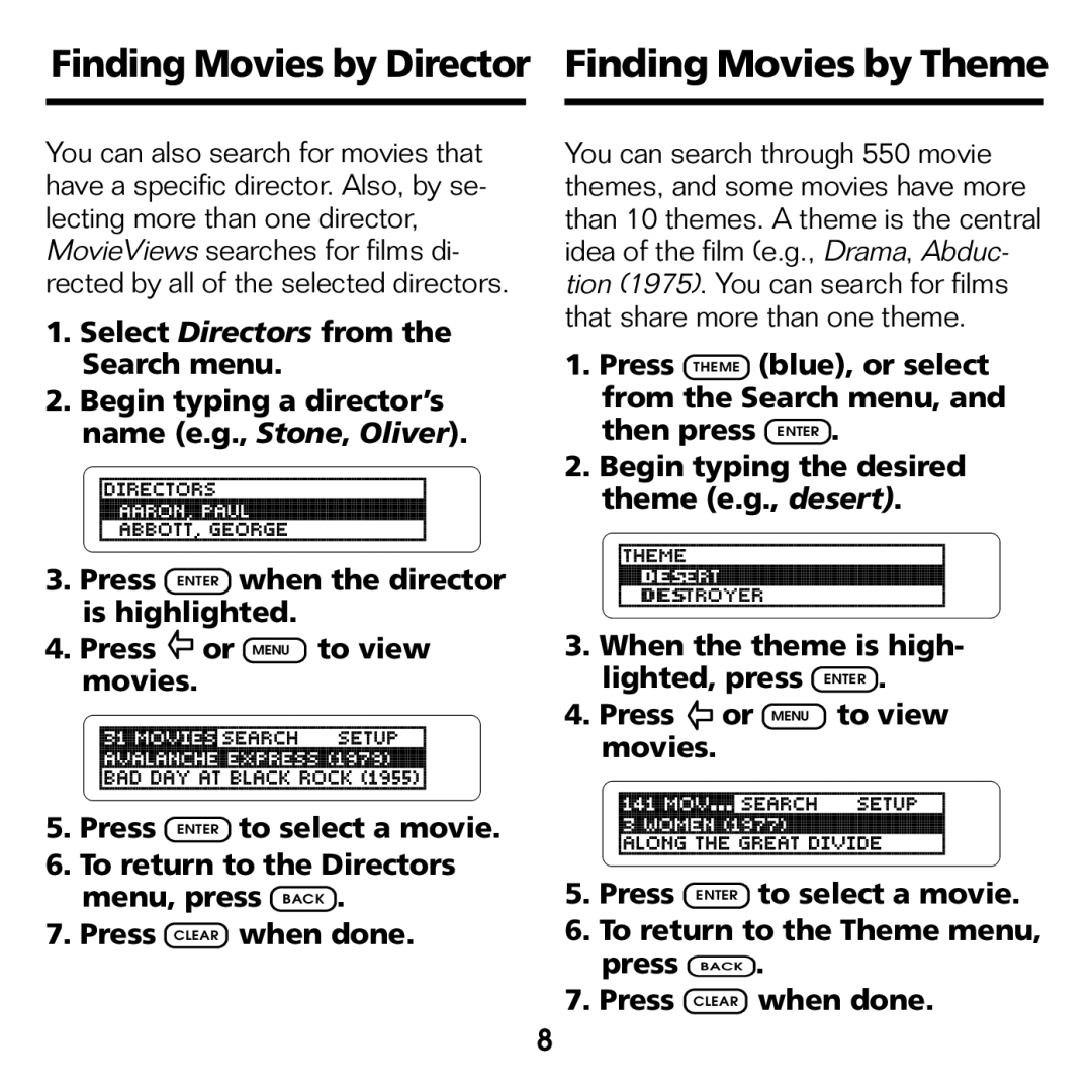 Franklin FLX-2074 manual Finding Movies by Director Finding Movies by Theme 