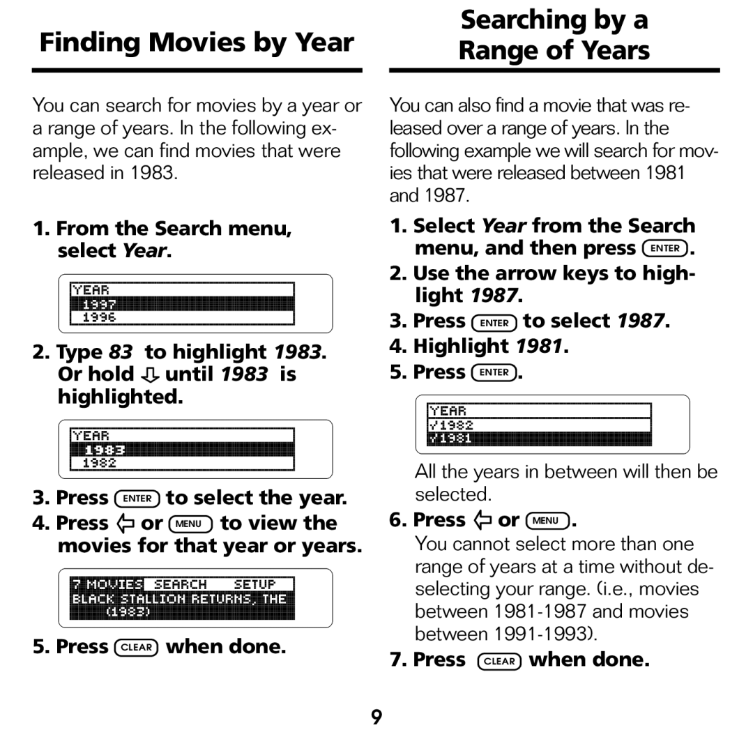 Franklin FLX-2074 manual Finding Movies by Year Searching by a Range of Years, Press or Menu 