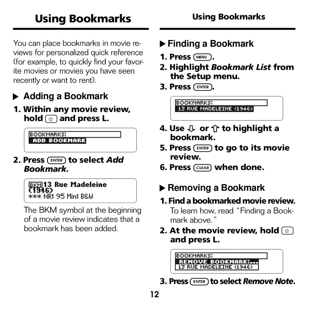 Franklin FLX-2074 manual Using Bookmarks, Find a bookmarked movie review 