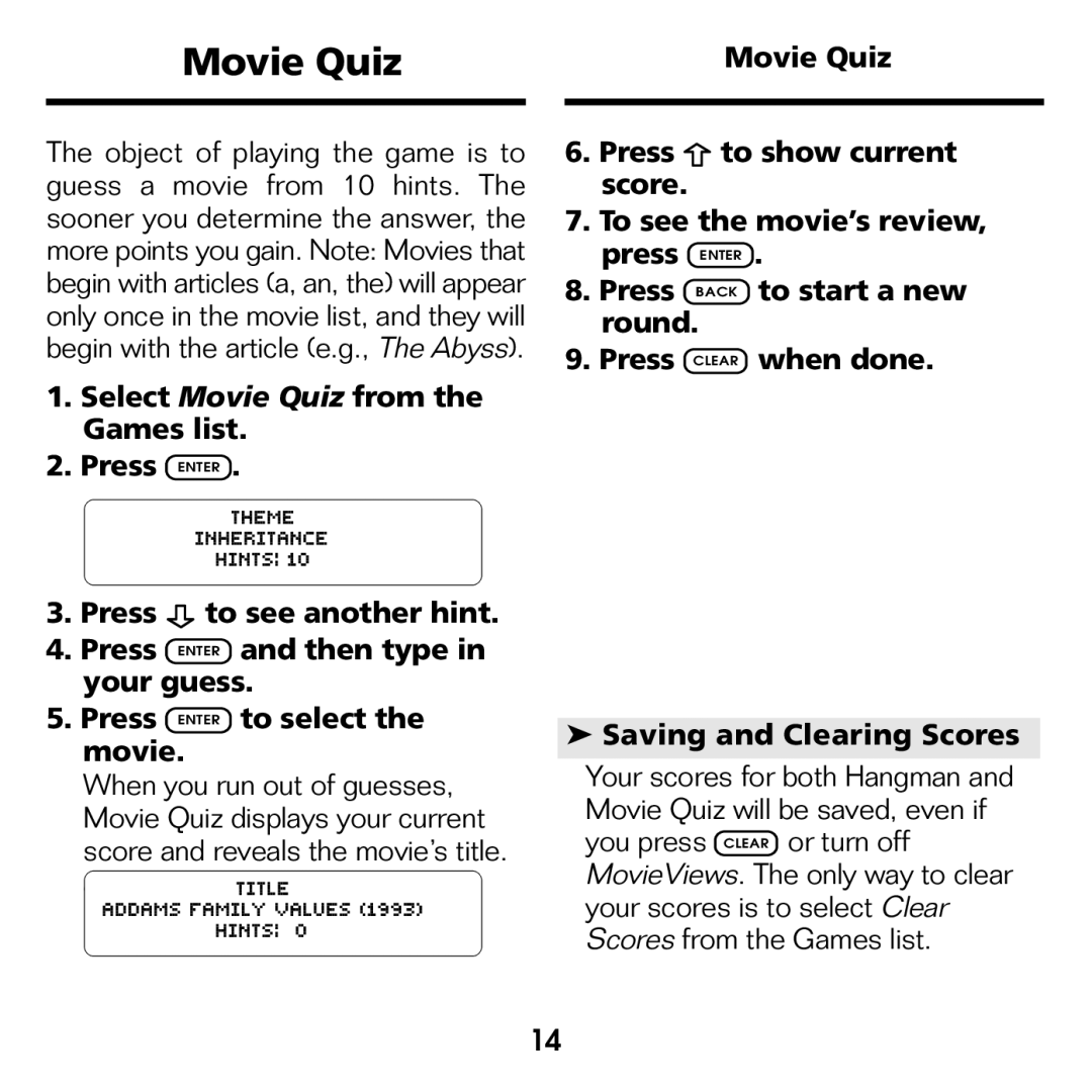 Franklin FLX-2074 manual Movie Quiz 