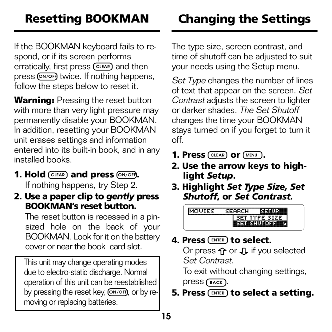 Franklin FLX-2074 manual Resetting Bookman Changing the Settings, Use the arrow keys to high Light Setup 