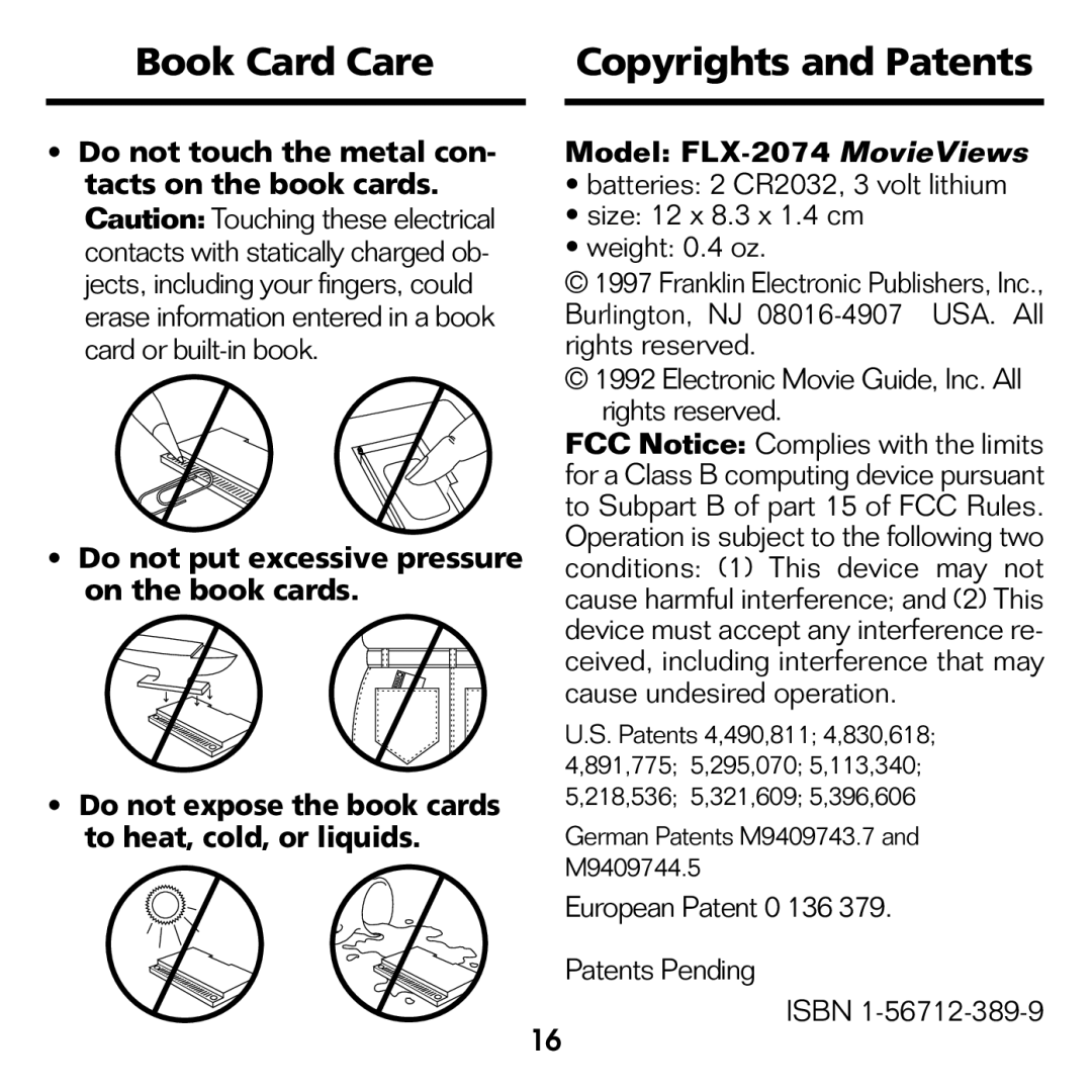 Franklin FLX-2074 manual Book Card Care Copyrights and Patents, Electronic Movie Guide, Inc. All rights reserved 