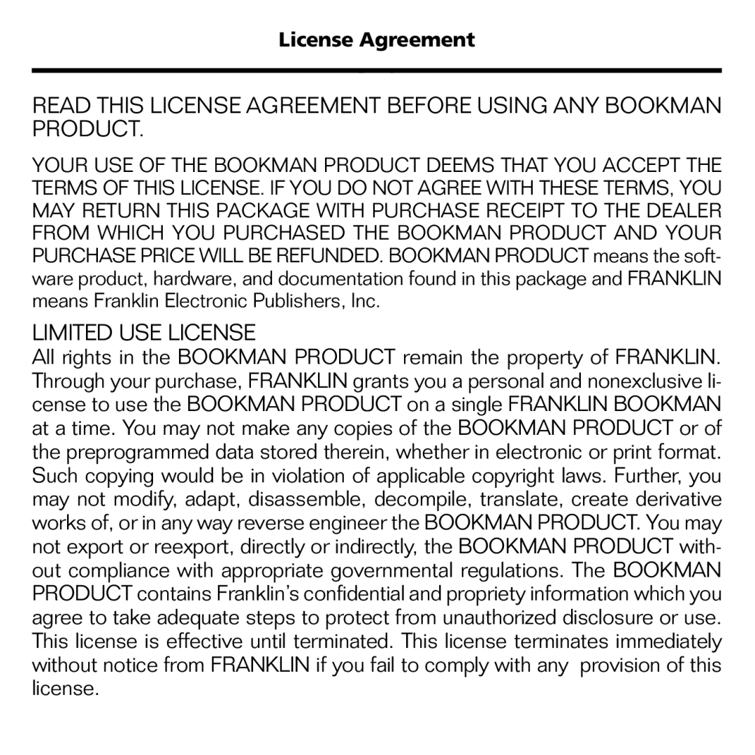 Franklin FLX-2074 manual Limited USE License, License Agreement 