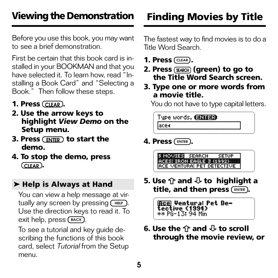 Franklin FLX-2074 manual Viewing the Demonstration Finding Movies by Title, Help is Always at Hand 