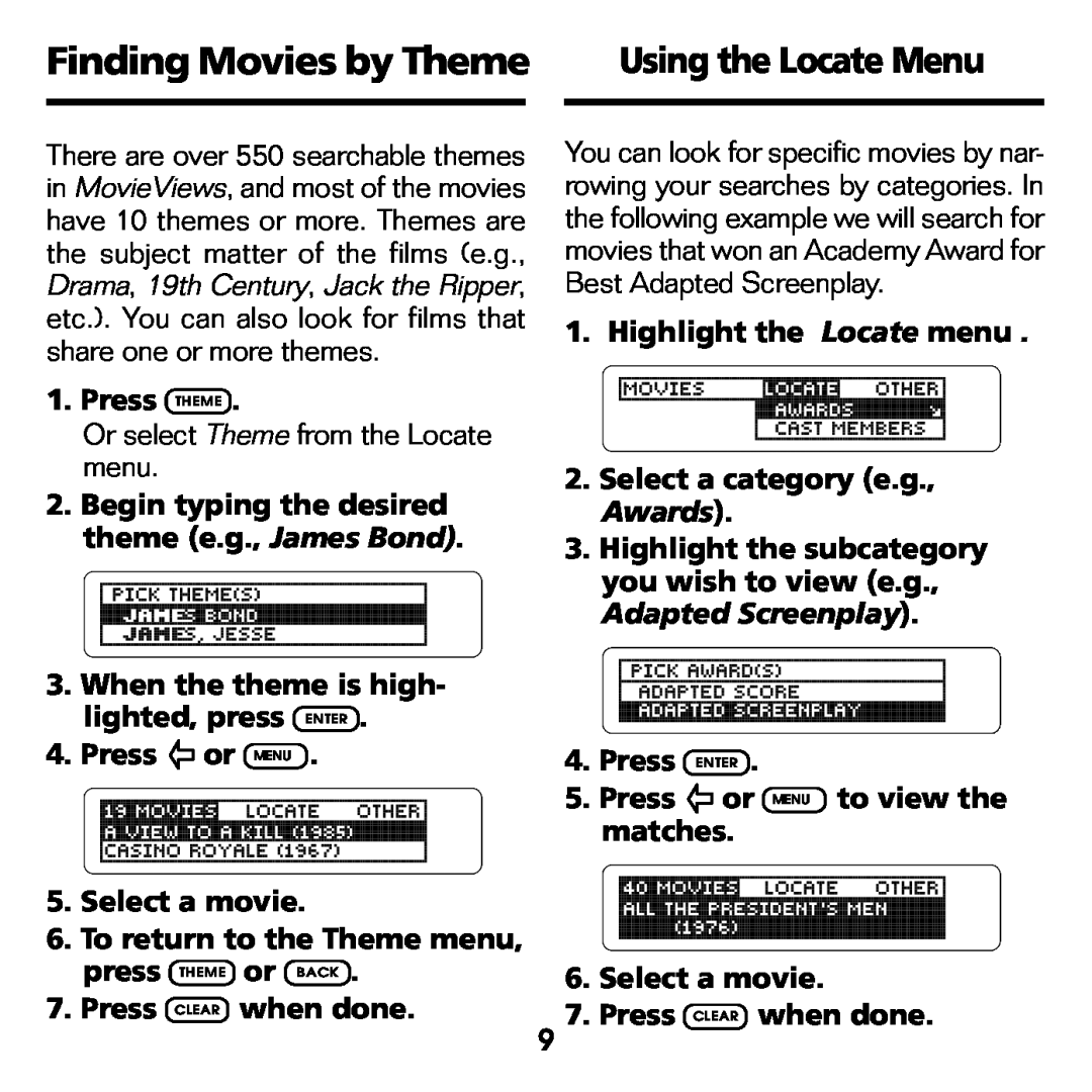 Franklin FLX-440 manual Finding Movies by Theme, Using the Locate Menu 