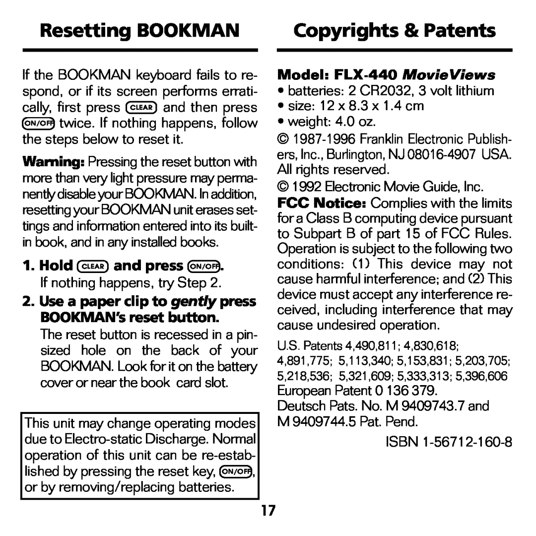 Franklin FLX-440 manual Resetting BOOKMAN, Copyrights & Patents, batteries 2 CR2032, 3 volt lithium size 12 x 8.3 x 1.4 cm 