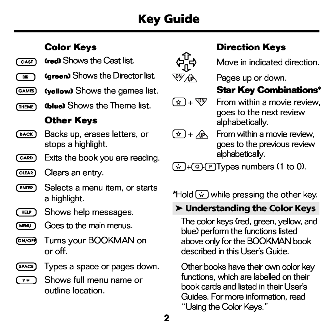 Franklin FLX-440 manual Key Guide, Direction Keys, Other Keys, Star Key Combinations, Understanding the Color Keys 
