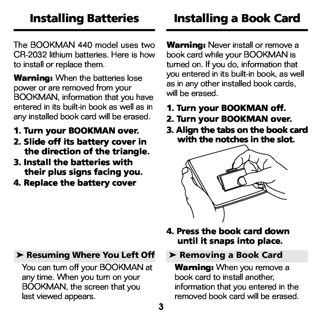 Franklin FLX-440 manual Installing Batteries, Installing a Book Card 