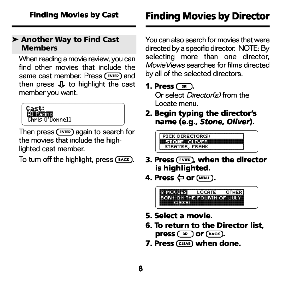 Franklin FLX-440 manual Finding Movies by Director, To turn off the highlight, press BACK 