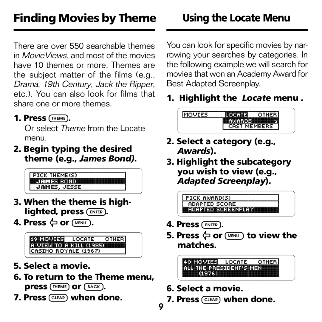 Franklin FLX-440 manual Finding Movies by Theme, Press Theme 