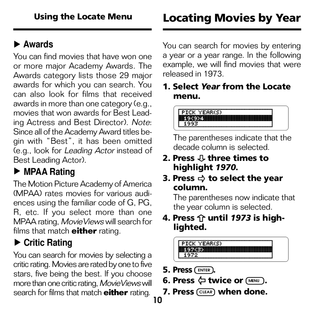 Franklin FLX-440 manual Locating Movies by Year, Using the Locate Menu, Select Year from the Locate menu 