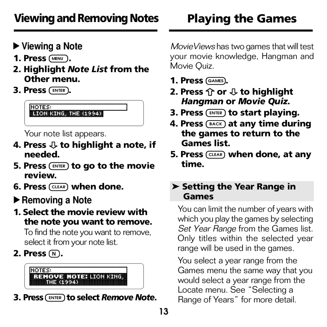 Franklin FLX-440 manual Playing the Games, Select the movie review with the note you want to remove 