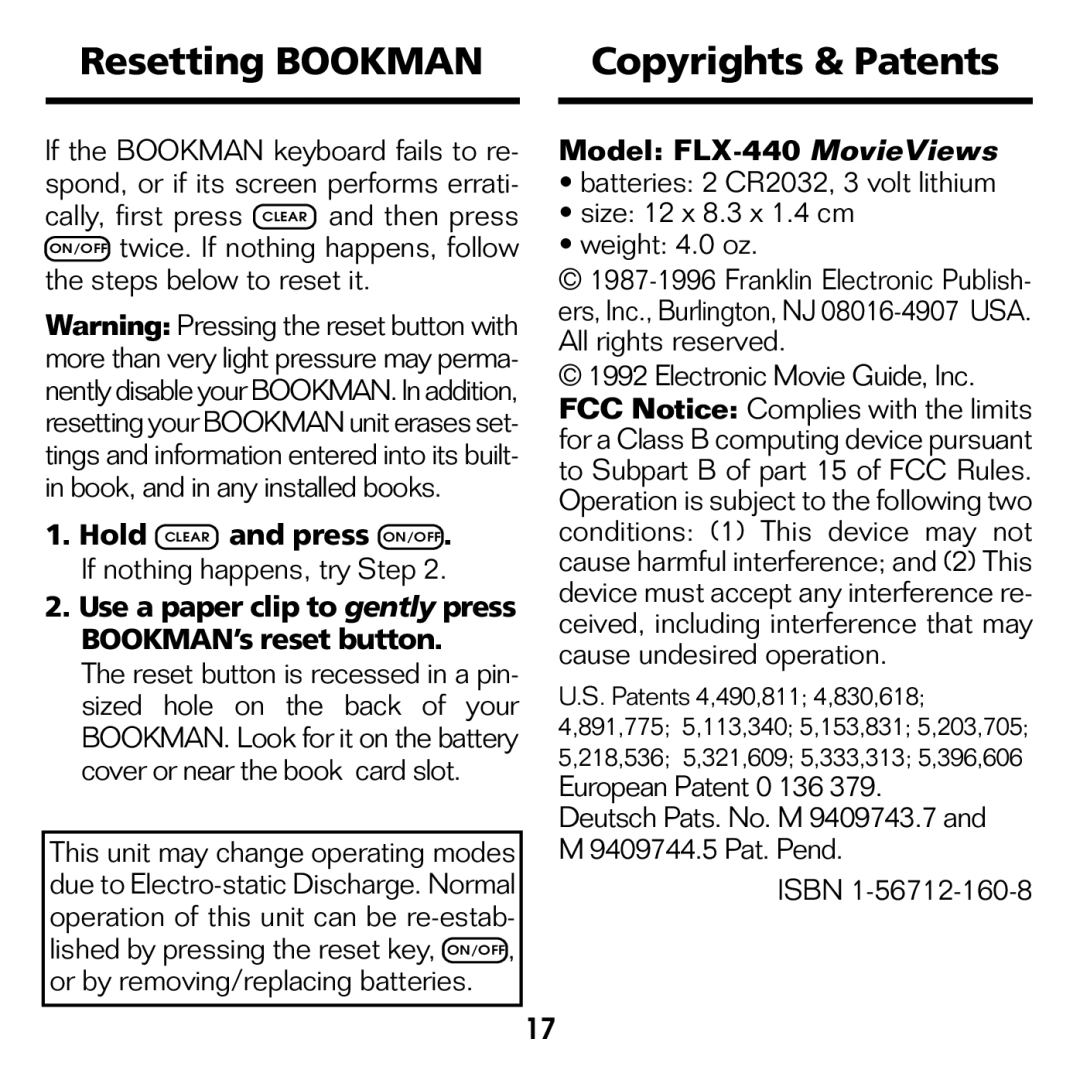 Franklin manual Resetting Bookman Copyrights & Patents, Model FLX-440 MovieViews 