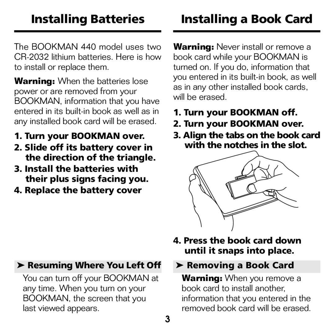 Franklin FLX-440 manual Installing Batteries Installing a Book Card 