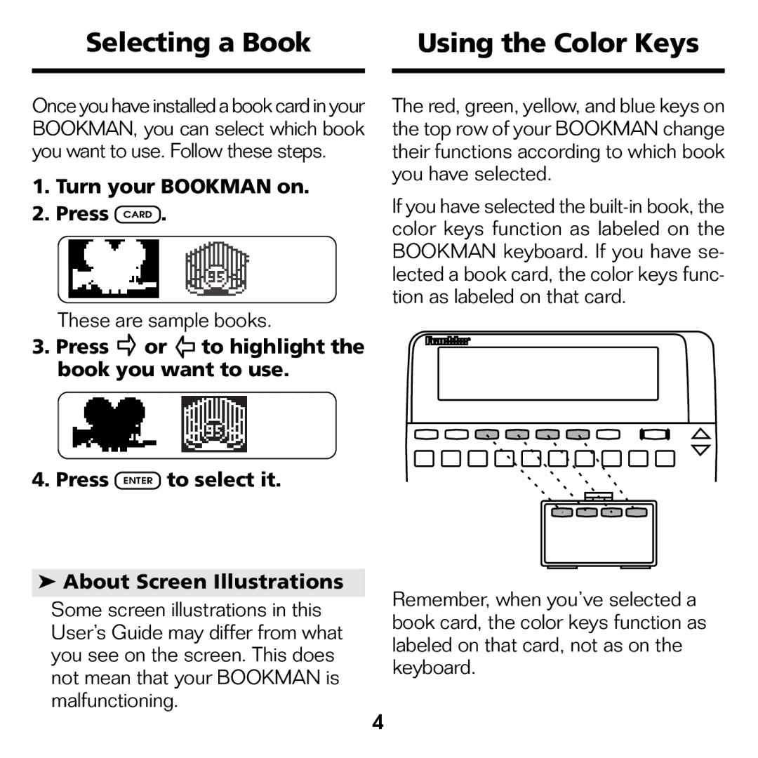 Franklin FLX-440 manual Selecting a Book Using the Color Keys, Turn your Bookman on Press Card 