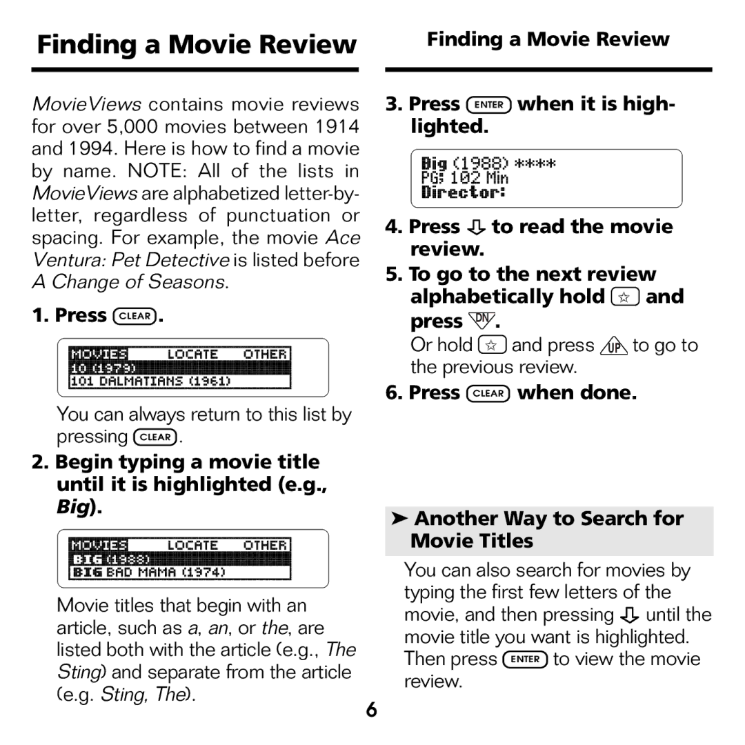 Franklin FLX-440 manual Finding a Movie Review, Press Clear 