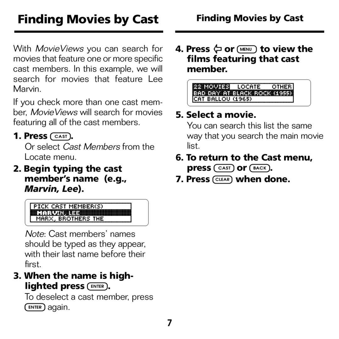 Franklin FLX-440 manual Finding Movies by Cast, Press Cast 