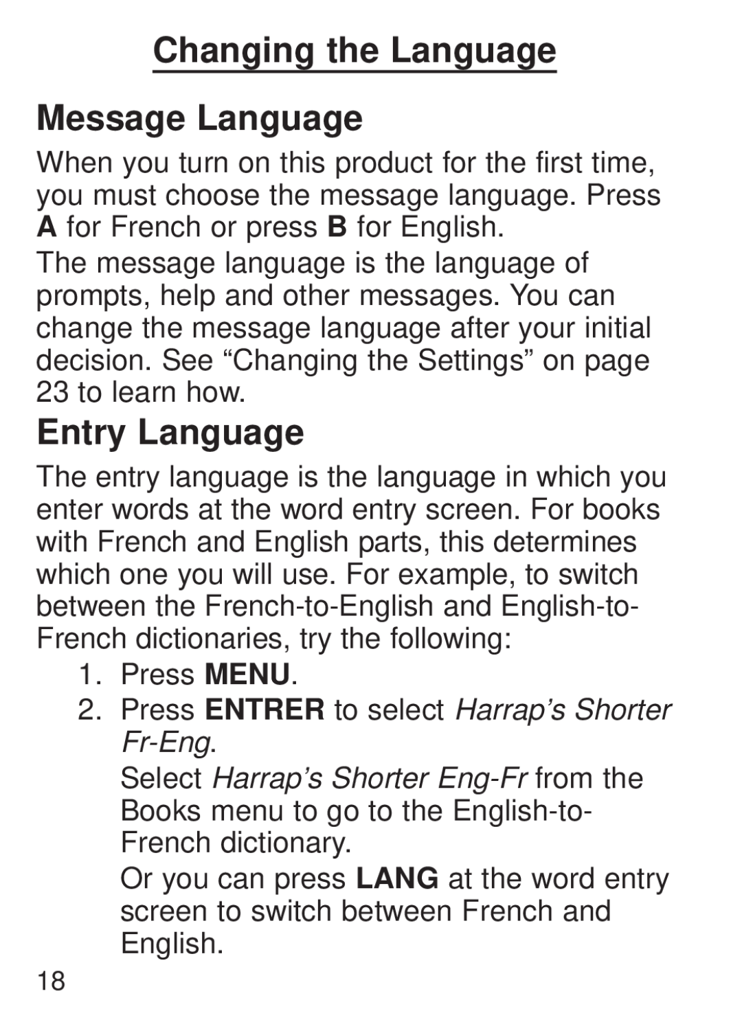Franklin FQS-1870 manual Changing the Language Message Language, Entry Language 