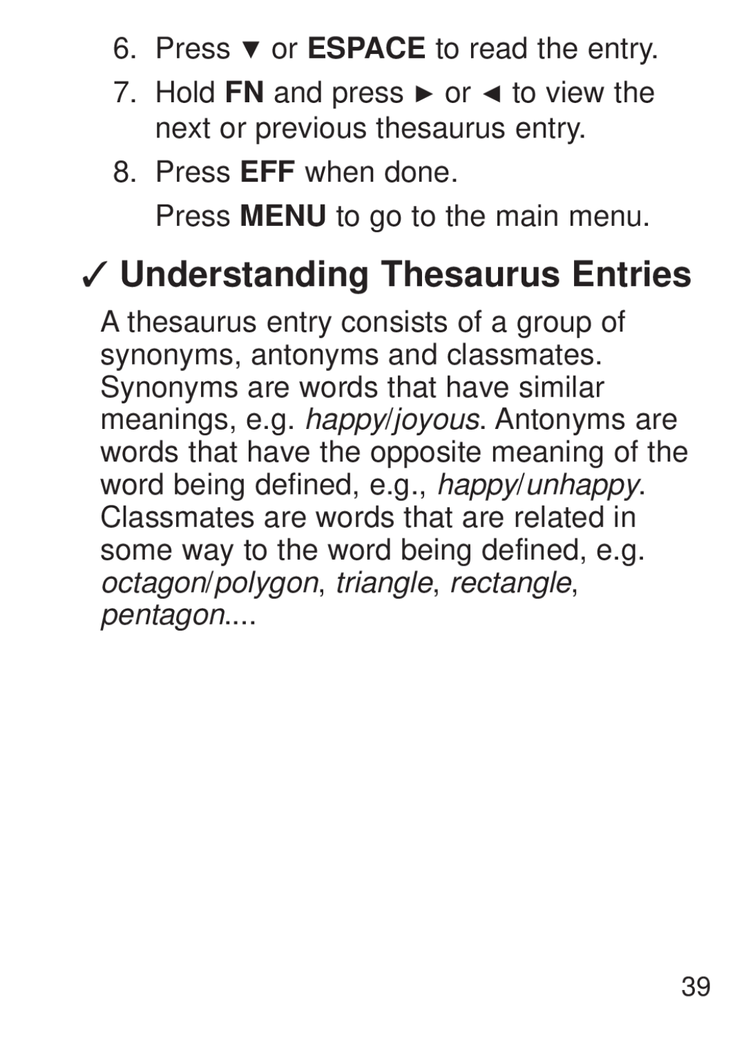 Franklin FQS-1870 manual Understanding Thesaurus Entries 