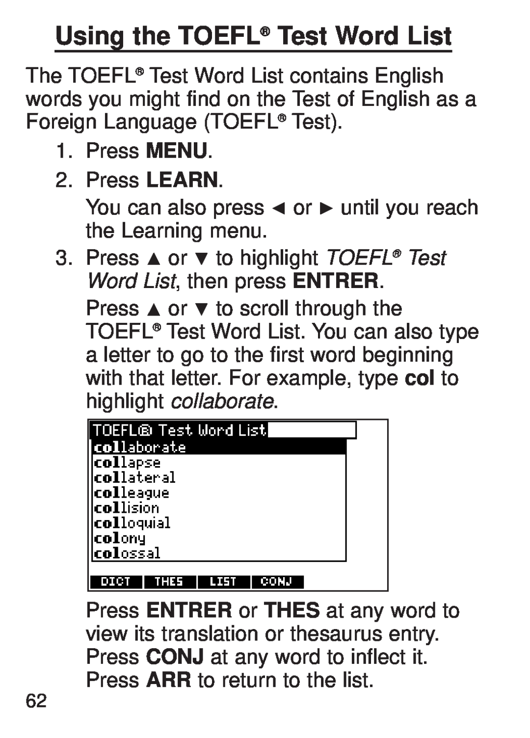 Franklin FQS-1870 manual Using the TOEFL Test Word List 