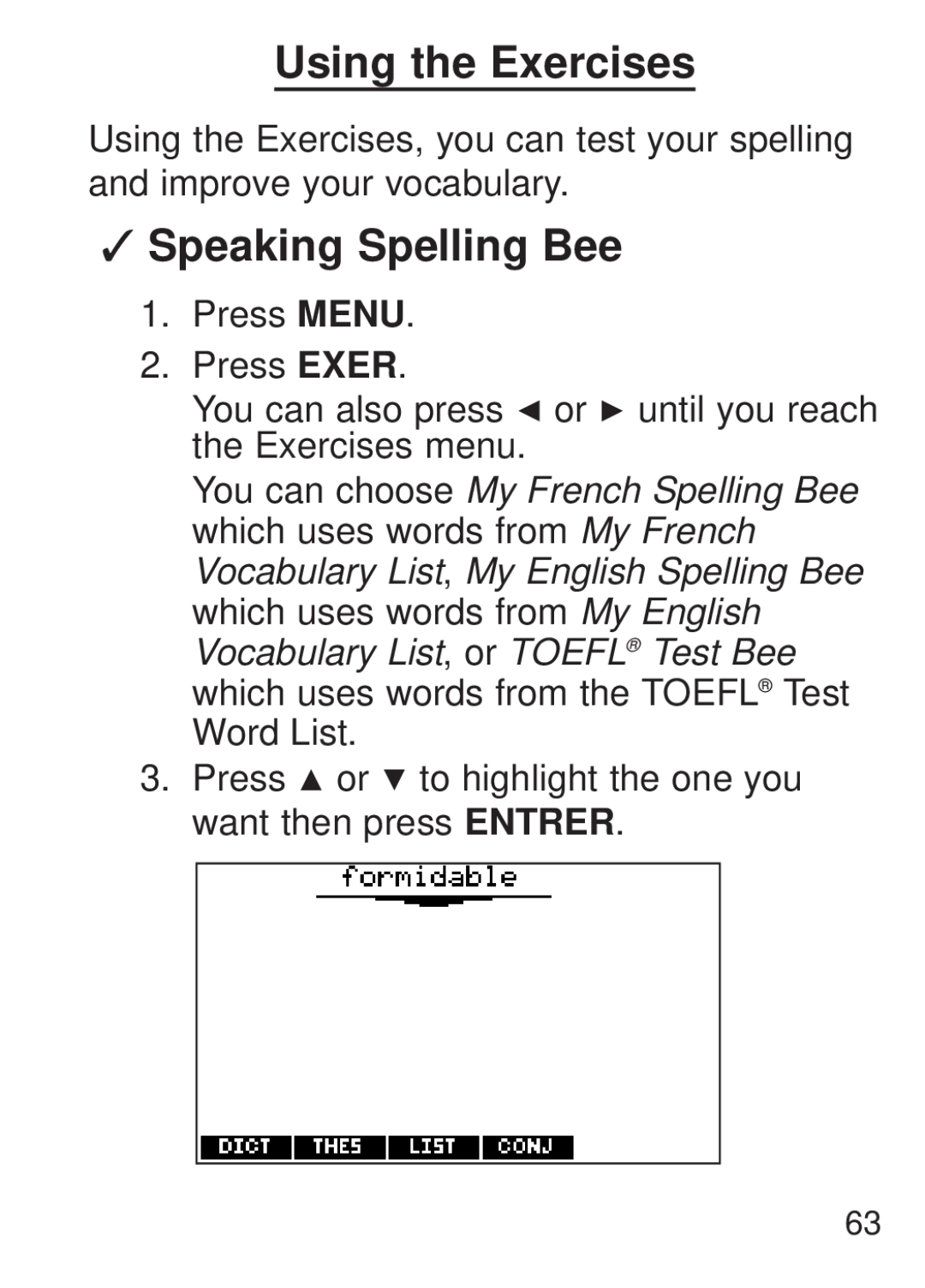 Franklin FQS-1870 manual Using the Exercises, Speaking Spelling Bee 