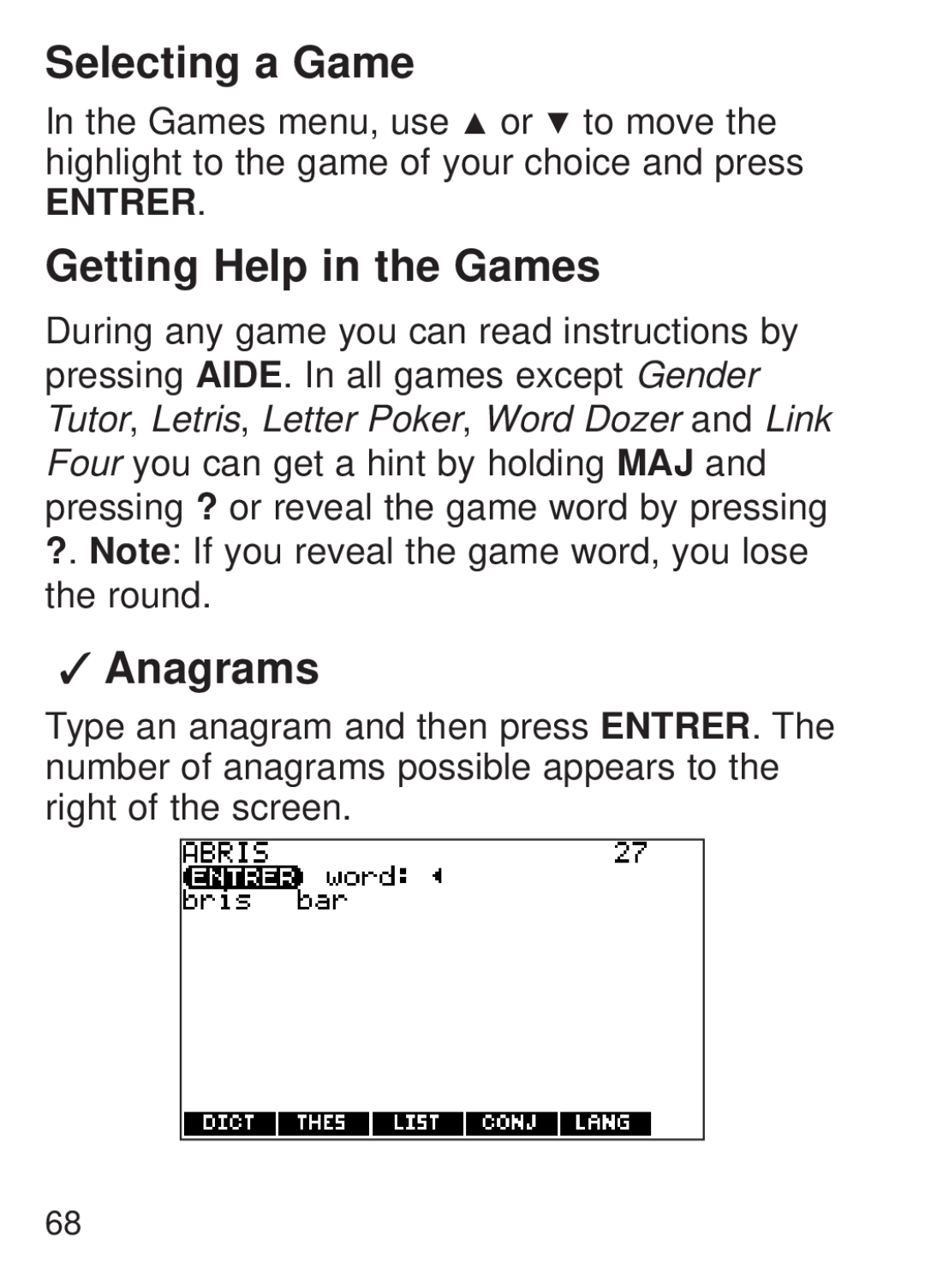 Franklin FQS-1870 manual Selecting a Game, Getting Help in the Games, Anagrams 