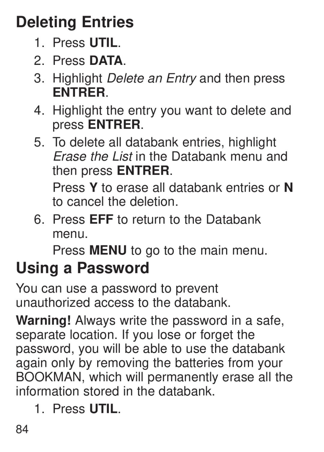Franklin FQS-1870 manual Deleting Entries, Using a Password 