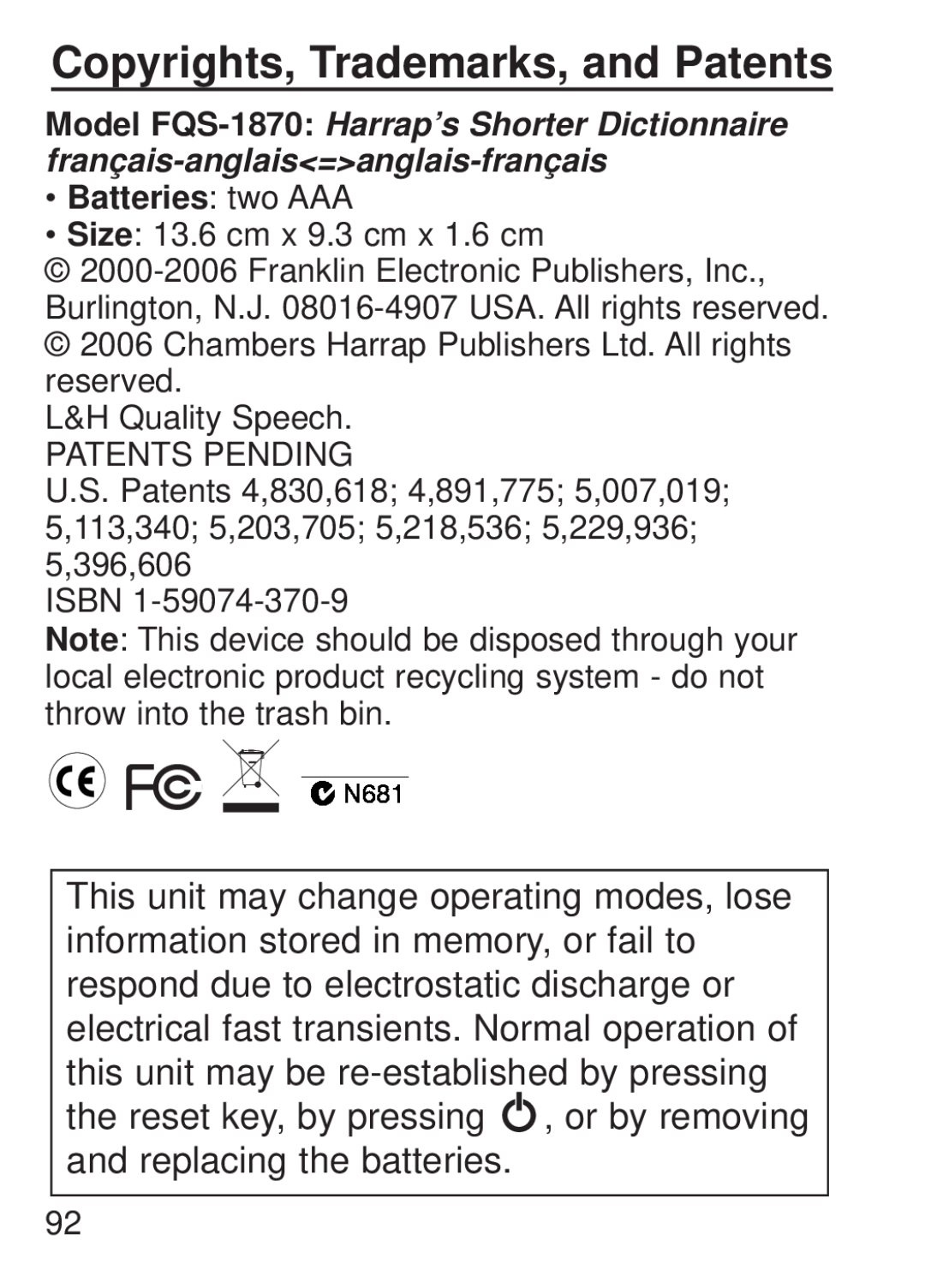 Franklin FQS-1870 manual Copyrights, Trademarks, and Patents, •Batteries: two AAA 