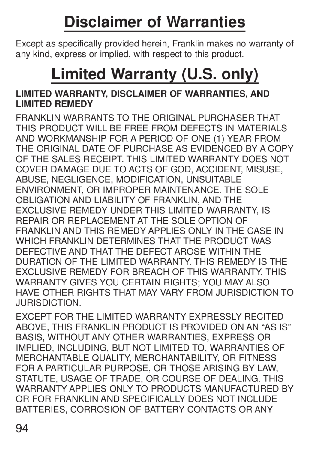 Franklin FQS-1870 manual Disclaimer of Warranties, Limited Warranty U.S. only 