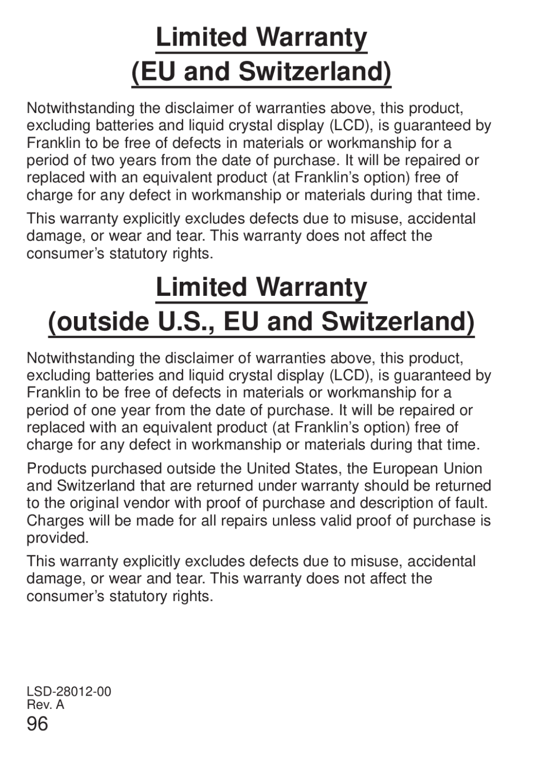Franklin FQS-1870 manual Limited Warranty EU and Switzerland, Limited Warranty outside U.S., EU and Switzerland 