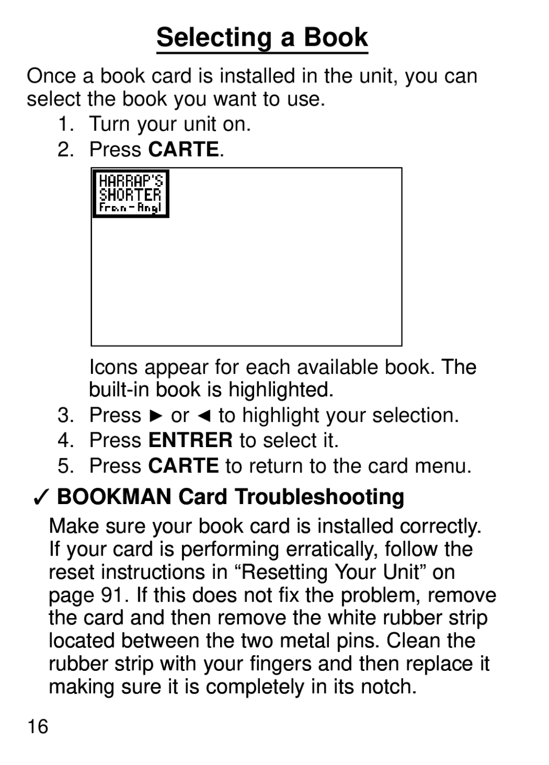 Franklin FQS-1870 manual Selecting a Book, Bookman Card Troubleshooting 