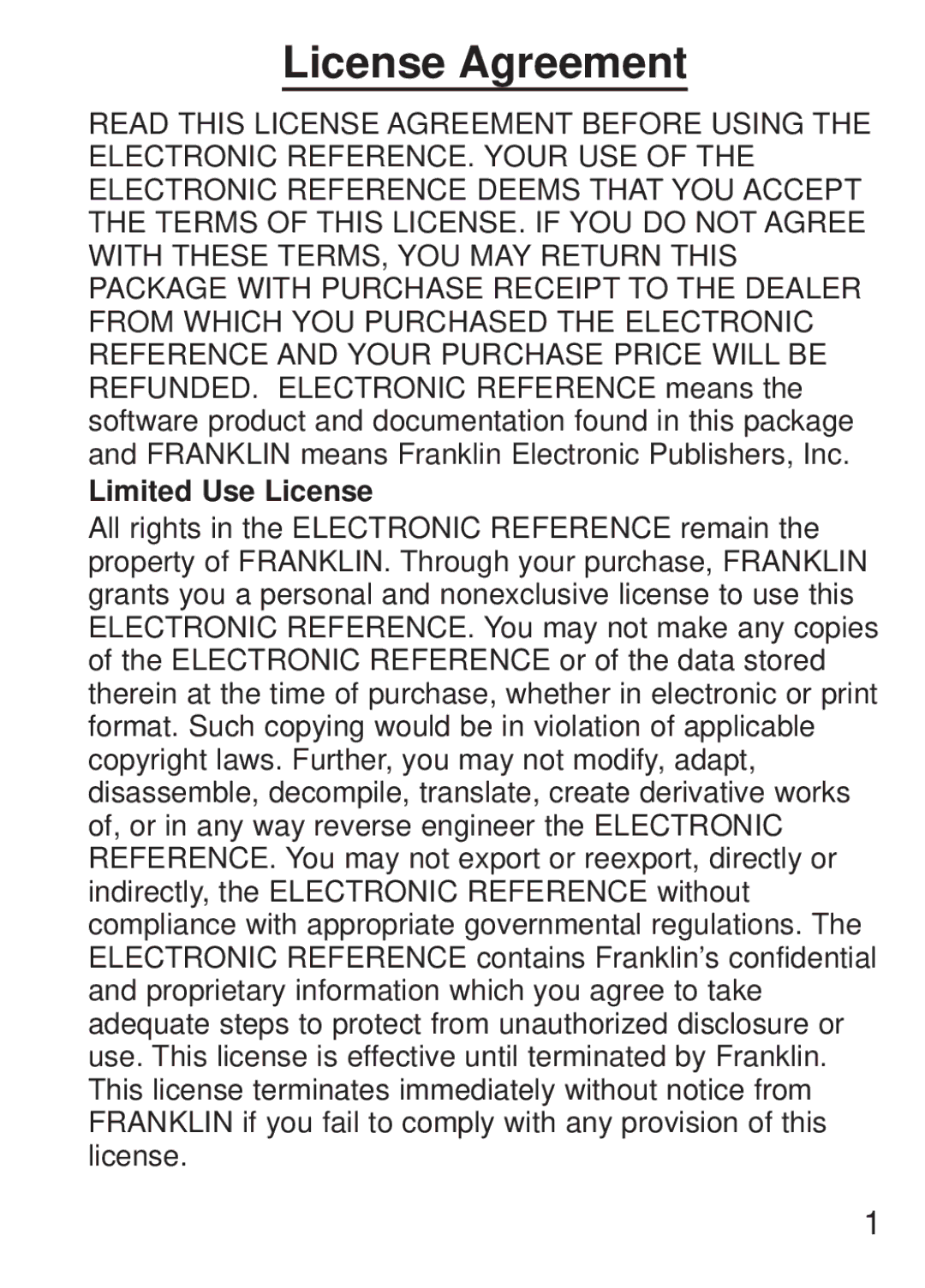 Franklin FQS-1870 manual License Agreement, Limited Use License 